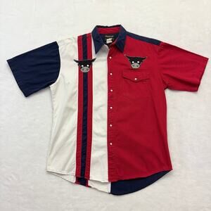 Vintage Rustler Pearl Snap Red White Blue Western Shirt Embroidered Bull Size L